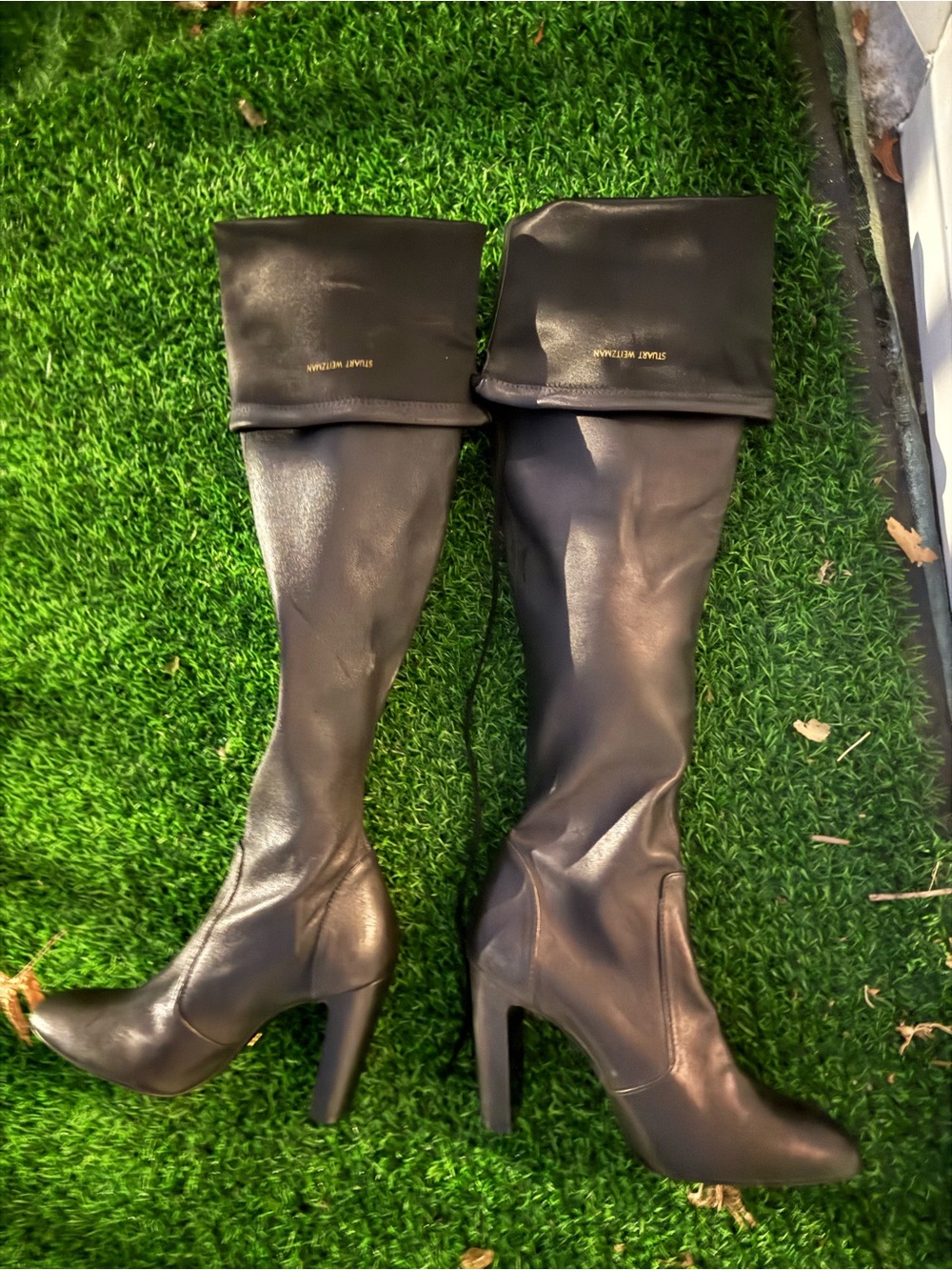 Stuart Weitzman Black Fold-Over Over-the-Knee Leather Boots